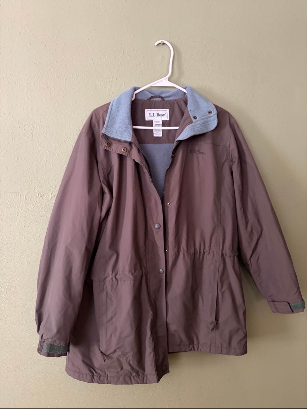 L.L. Bean Women's Green-Brown Trench Coat with Light Blue Fleece Collar